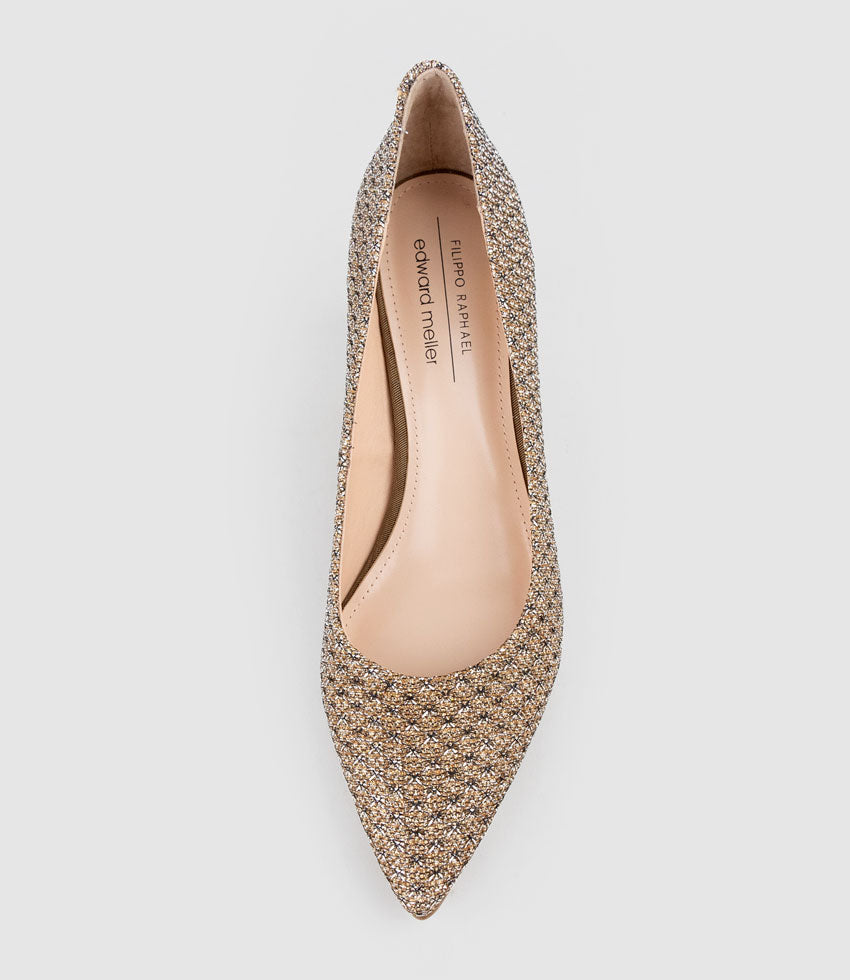 ADRIA 75mm Pointed Toe Pump in Copper Metallic Fabric - Edward Meller