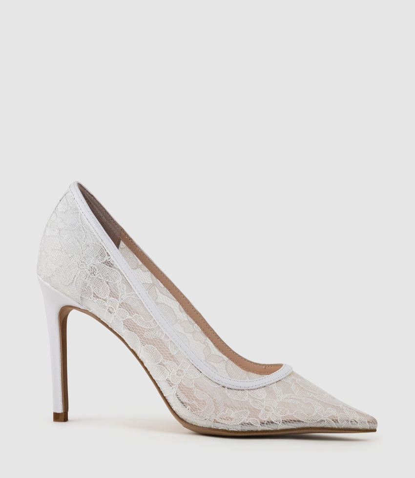 AILEEN100 Lace Stiletto Pump in White - Edward Meller