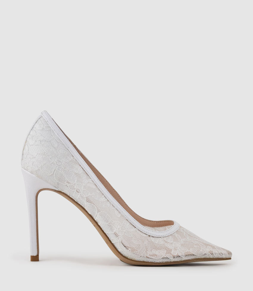 AILEEN100 Lace Stiletto Pump in White - Edward Meller