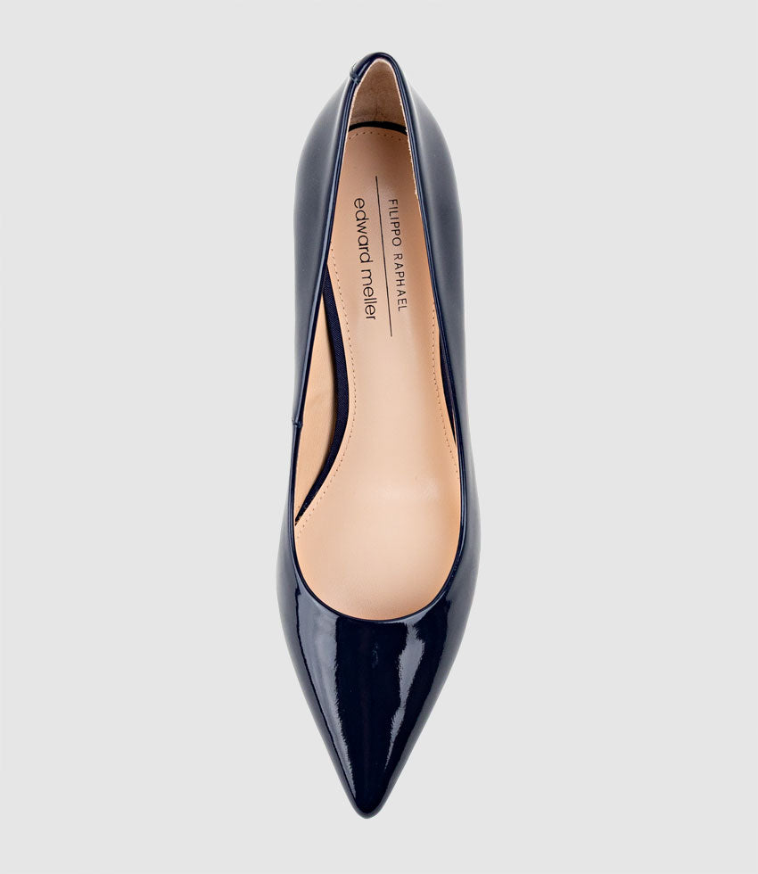 AISHA85 Pointed Pump in Navy Patent - Edward Meller