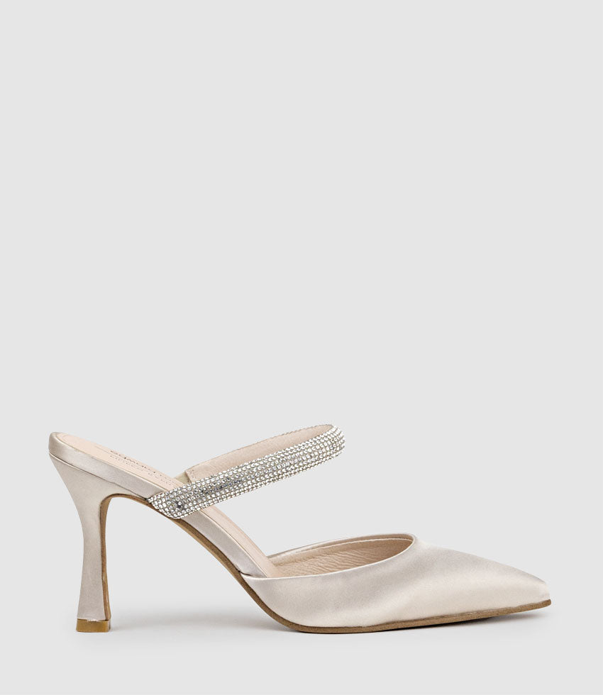 ALEXA85 Closed Toe Slide with Diamante Band in Champagne Satin - Edward Meller