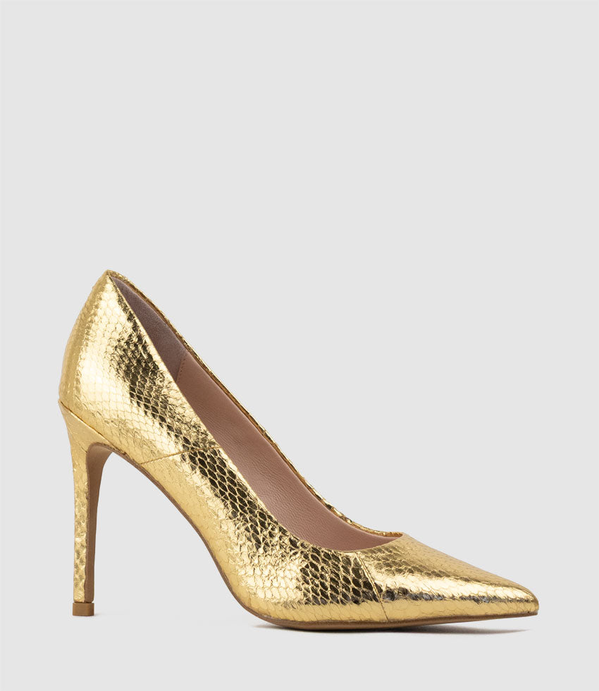 ALLEGRA100 Pointed Stiletto Pump in Gold Snake - Edward Meller