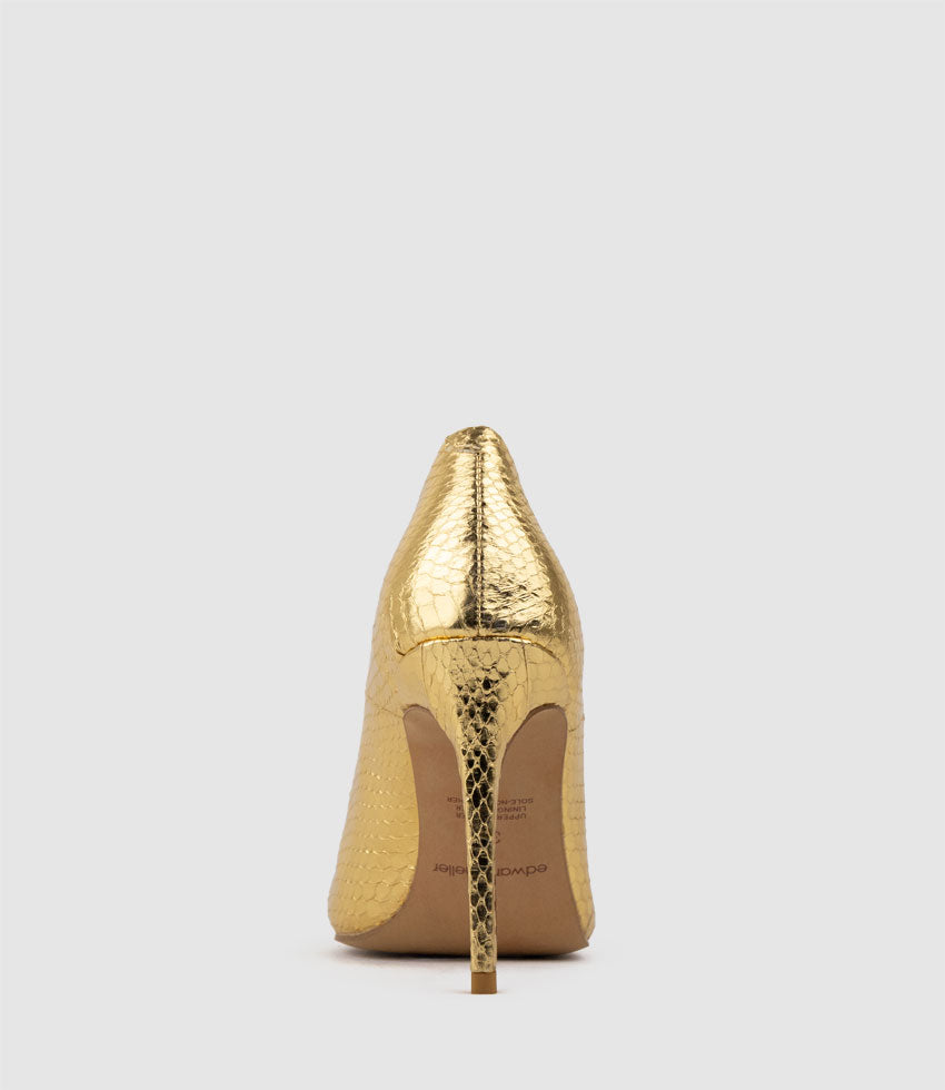 ALLEGRA100 Pointed Stiletto Pump in Gold Snake - Edward Meller