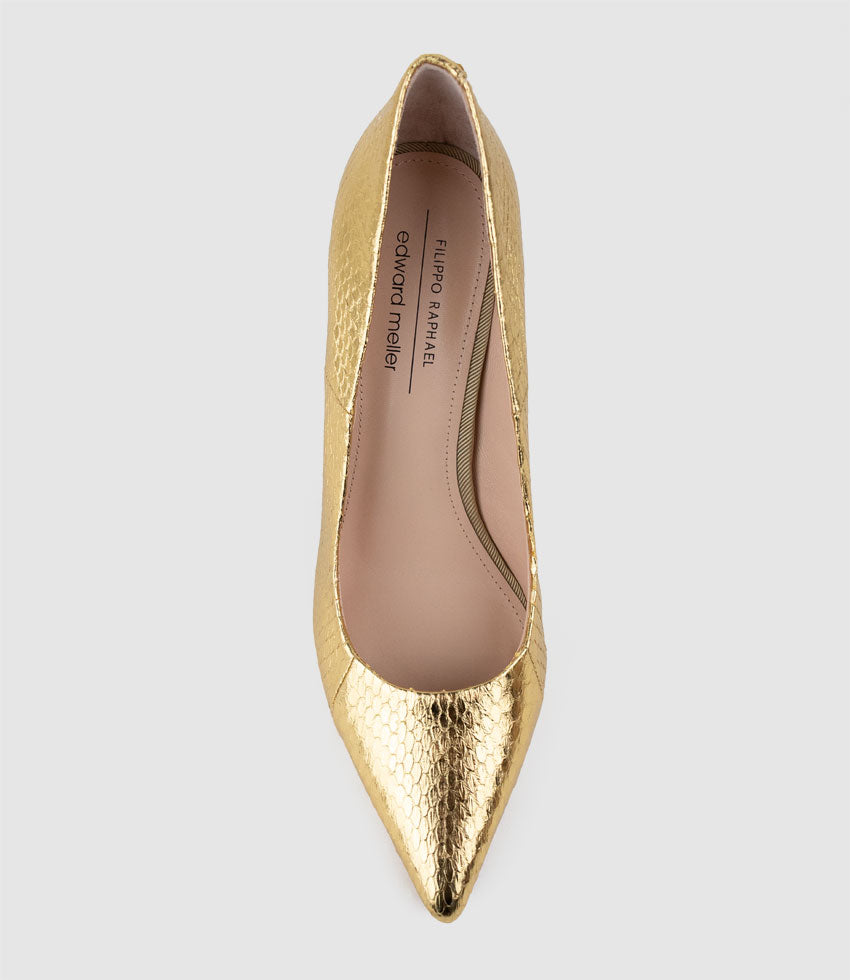 ALLEGRA100 Pointed Stiletto Pump in Gold Snake - Edward Meller