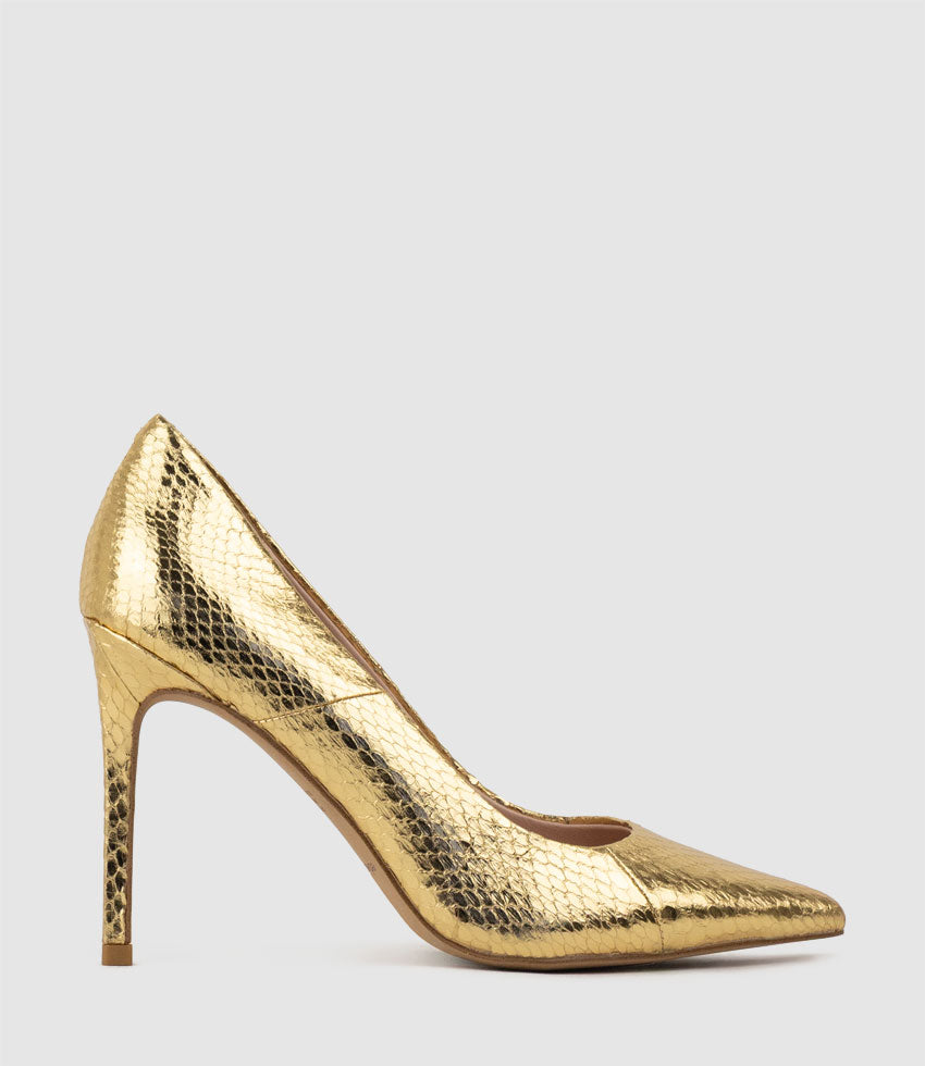 ALLEGRA100 Pointed Stiletto Pump in Gold Snake - Edward Meller