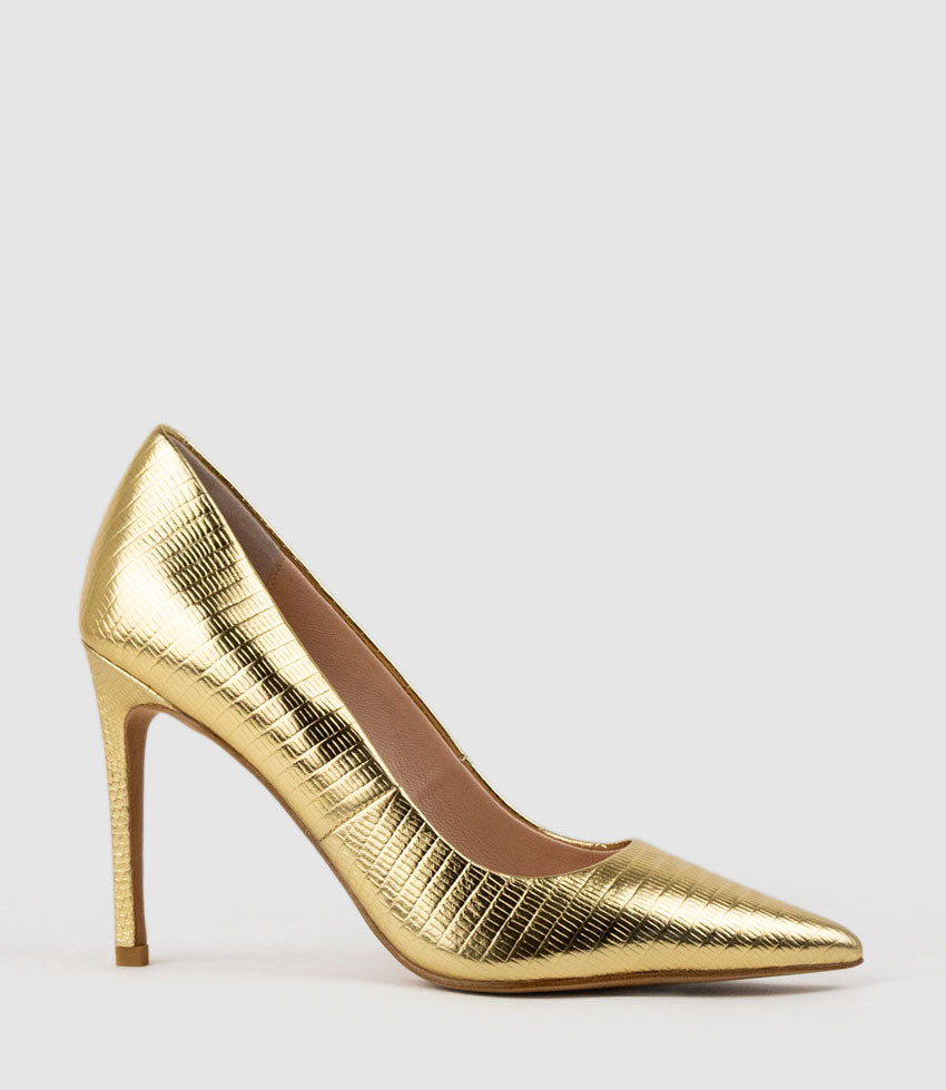 ALLEGRA100 Pointed Stiletto Pump in Gold Tejus Lizard Print - Edward Meller
