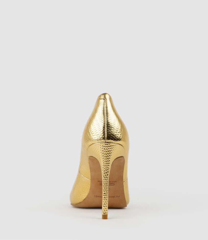 ALLEGRA100 Pointed Stiletto Pump in Gold Tejus Lizard Print - Edward Meller