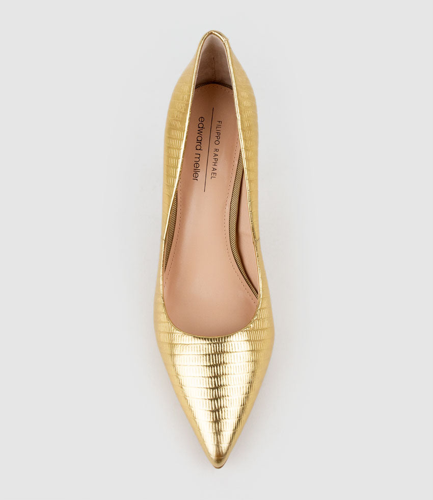 ALLEGRA100 Pointed Stiletto Pump in Gold Tejus Lizard Print - Edward Meller
