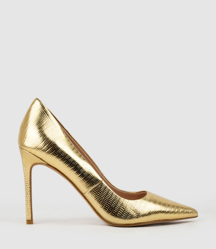 ALLEGRA100 Pointed Stiletto Pump in Gold Tejus Lizard Print - Edward Meller