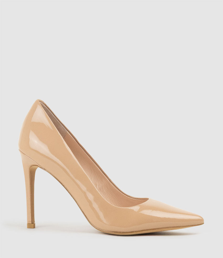 ALLEGRA100 Pointed Stiletto Pump in Nude Patent - Edward Meller