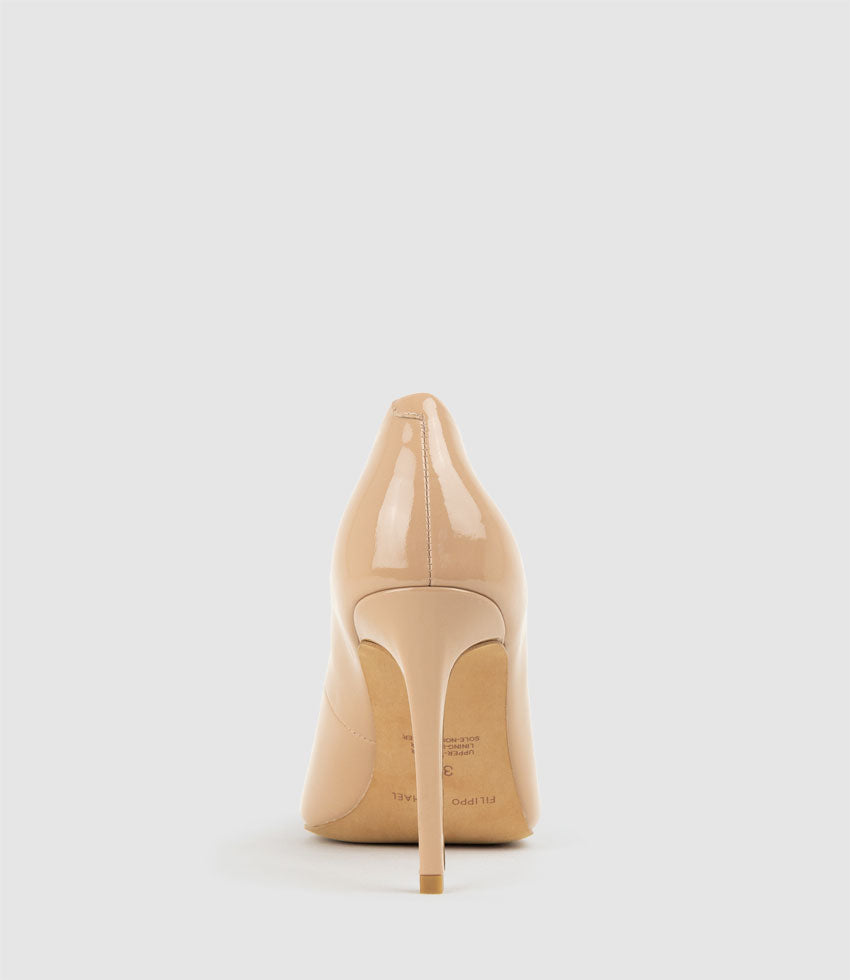ALLEGRA100 Pointed Stiletto Pump in Nude Patent - Edward Meller