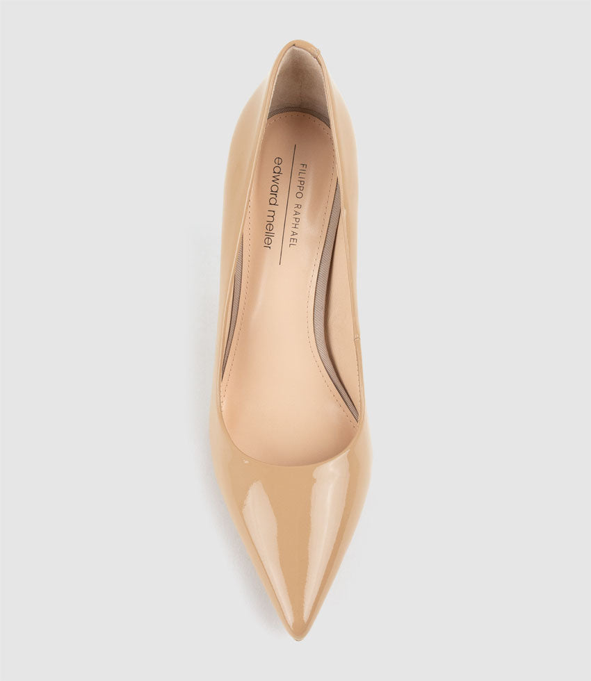 ALLEGRA100 Pointed Stiletto Pump in Nude Patent - Edward Meller