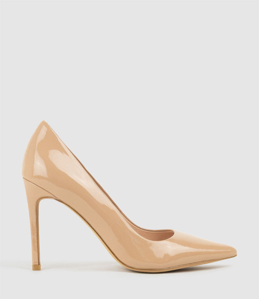 ALLEGRA100 Pointed Stiletto Pump in Nude Patent - Edward Meller