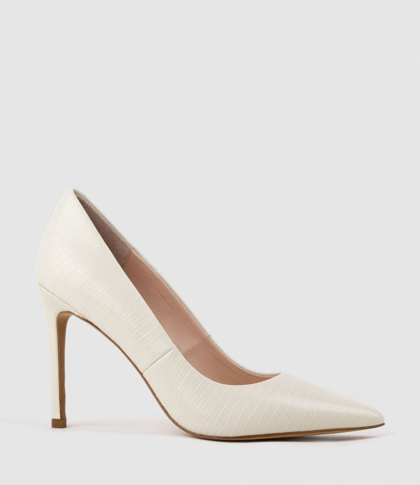 ALLEGRA100 Pointed Stiletto Pump in Offwhite Tejus Lizard Print - Edward Meller