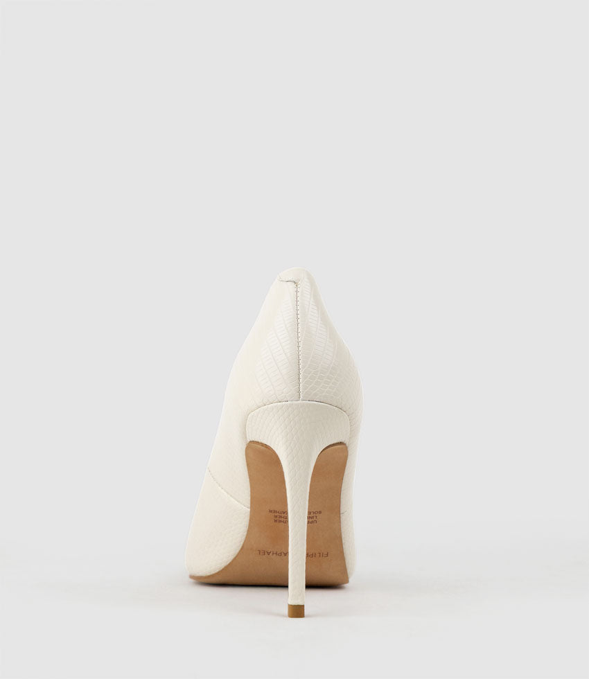 ALLEGRA100 Pointed Stiletto Pump in Offwhite Tejus Lizard Print - Edward Meller