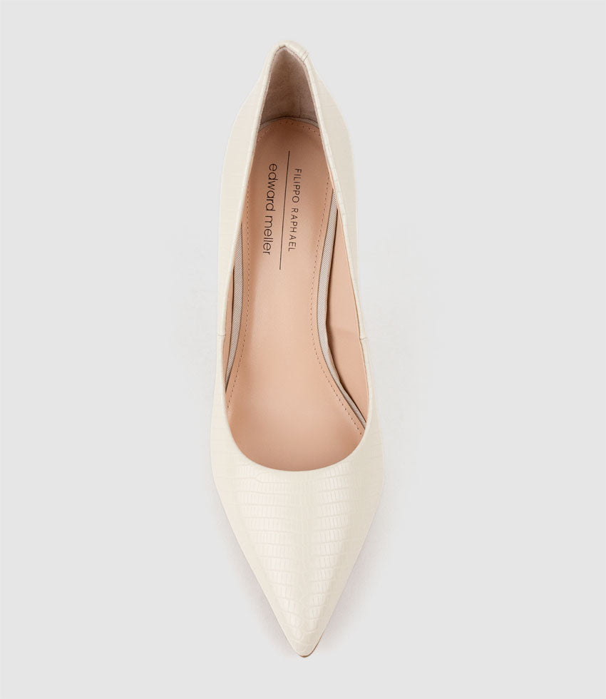 ALLEGRA100 Pointed Stiletto Pump in Offwhite Tejus Lizard Print - Edward Meller
