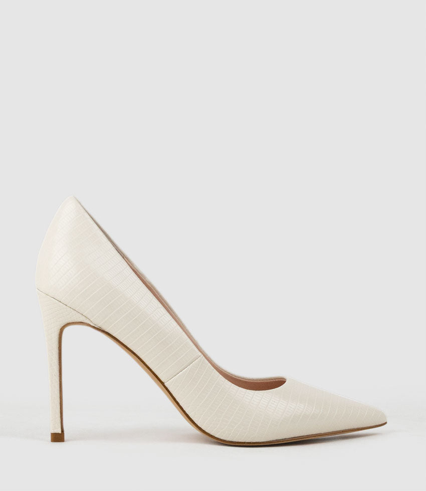 ALLEGRA100 Pointed Stiletto Pump in Offwhite Tejus Lizard Print - Edward Meller