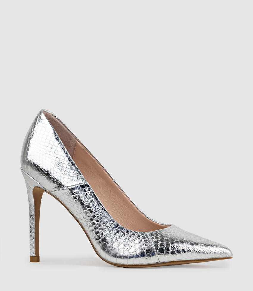 ALLEGRA100 Pointed Stiletto Pump in Silver Snake - Edward Meller