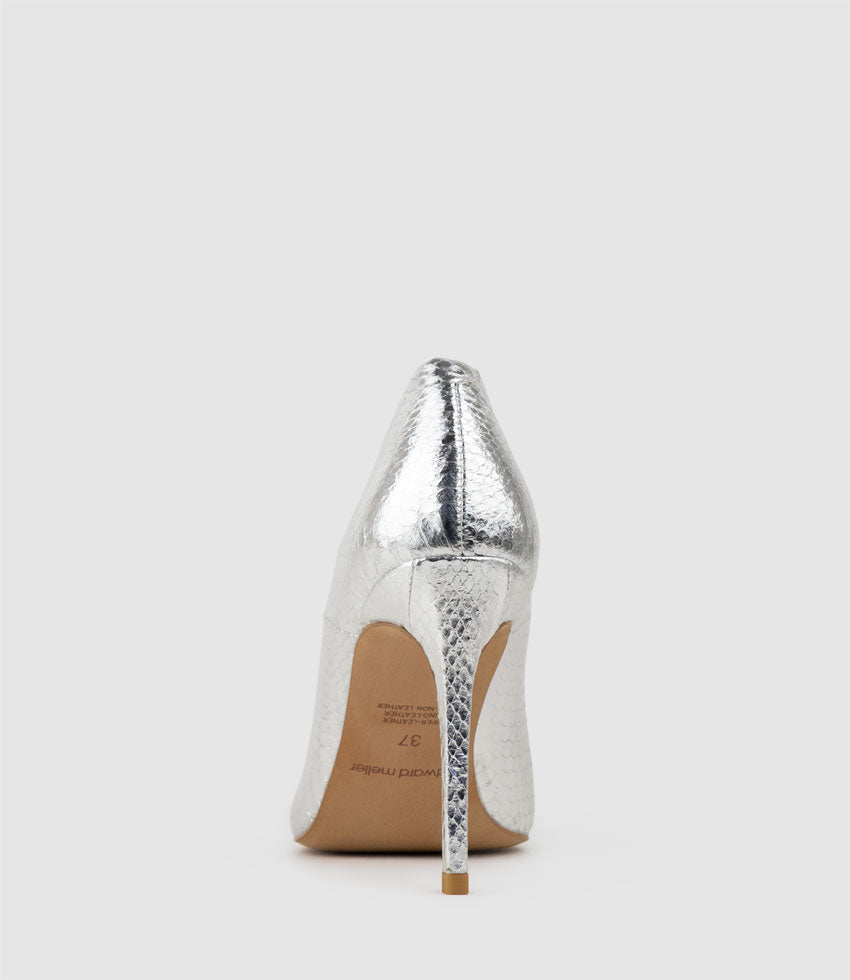 ALLEGRA100 Pointed Stiletto Pump in Silver Snake - Edward Meller