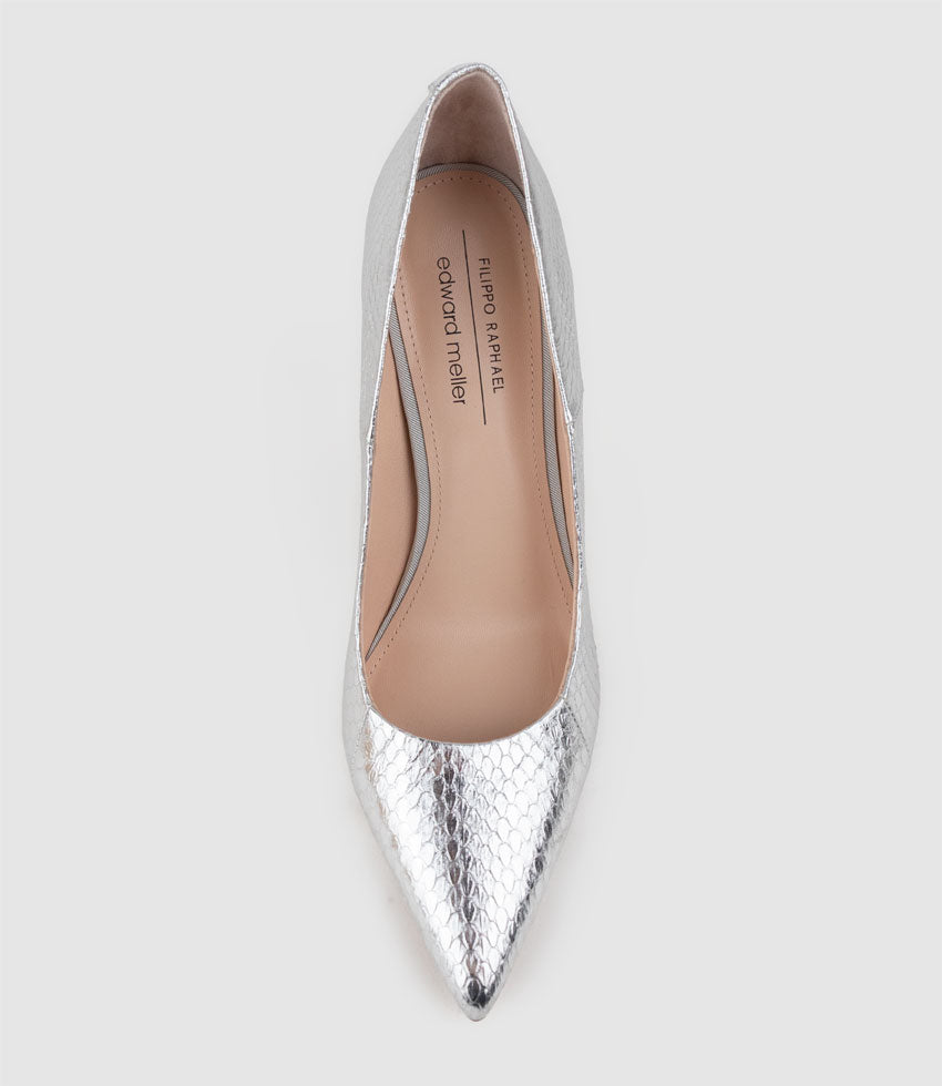 ALLEGRA100 Pointed Stiletto Pump in Silver Snake - Edward Meller