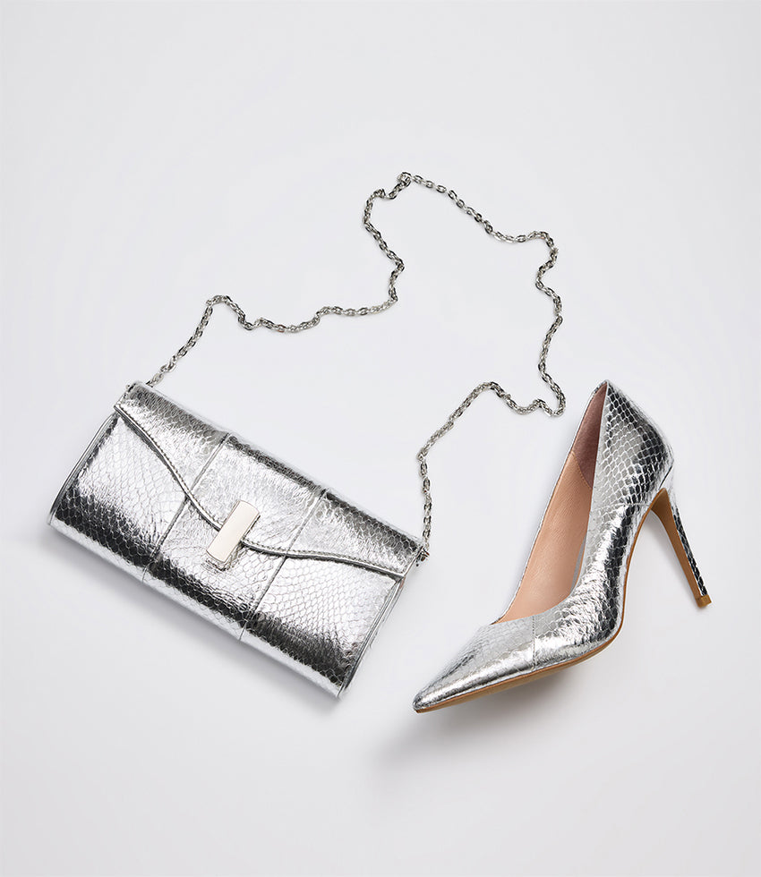 NAIA Foldover Clutch and ALLEGRA100  in Silver Snake | Edward Meller