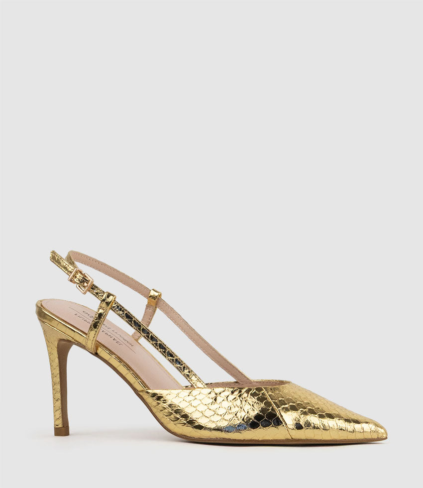 ALLURA85 Posted Slingback Pump in Gold Snake - Edward Meller