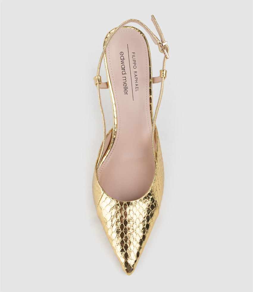 ALLURA85 Posted Slingback Pump in Gold Snake - Edward Meller