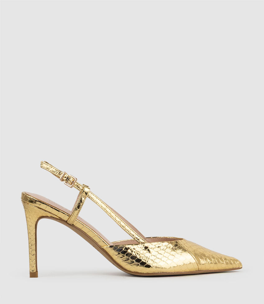 ALLURA85 Posted Slingback Pump in Gold Snake - Edward Meller
