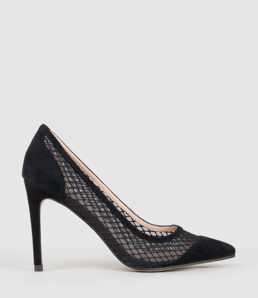 AMALIA100 Pointed Mesh Pump in Black Suede - Edward Meller