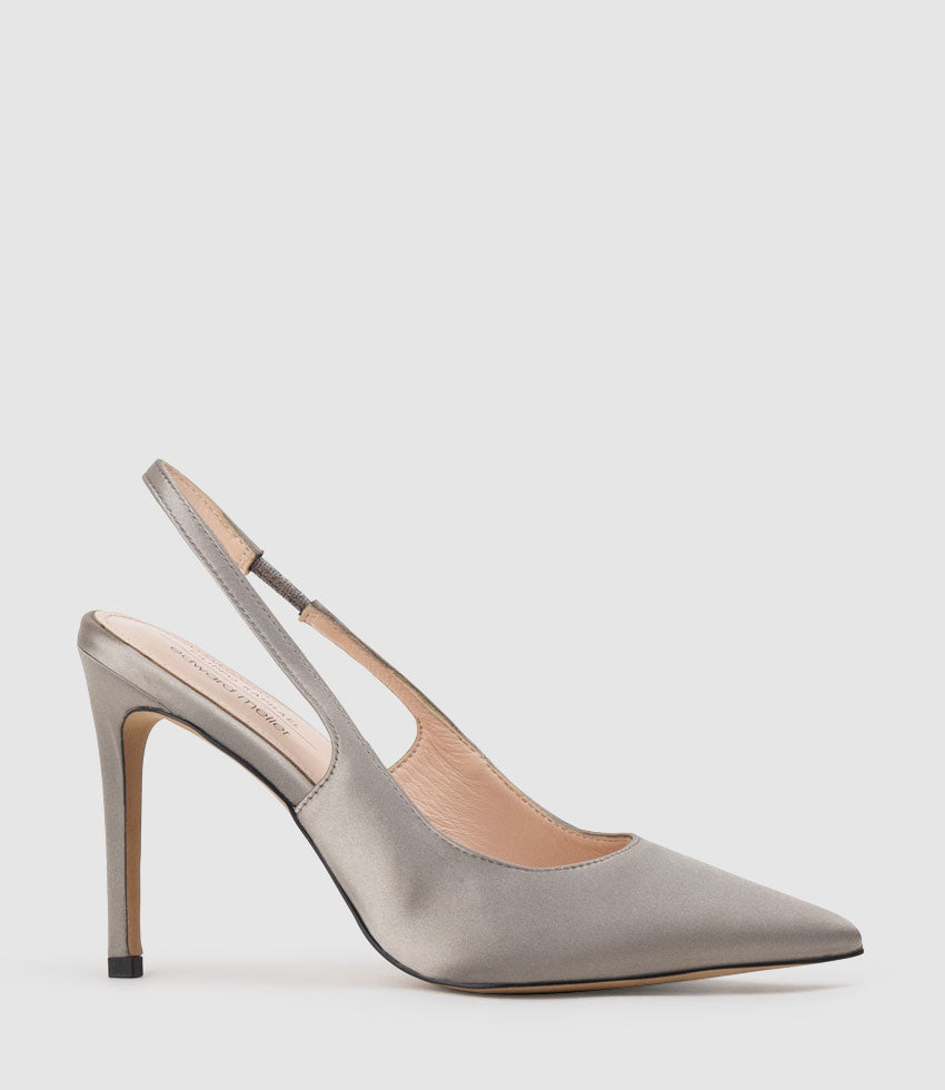ANDREA100 Stiletto Slingback Pump in Pewter Silk - Edward Meller