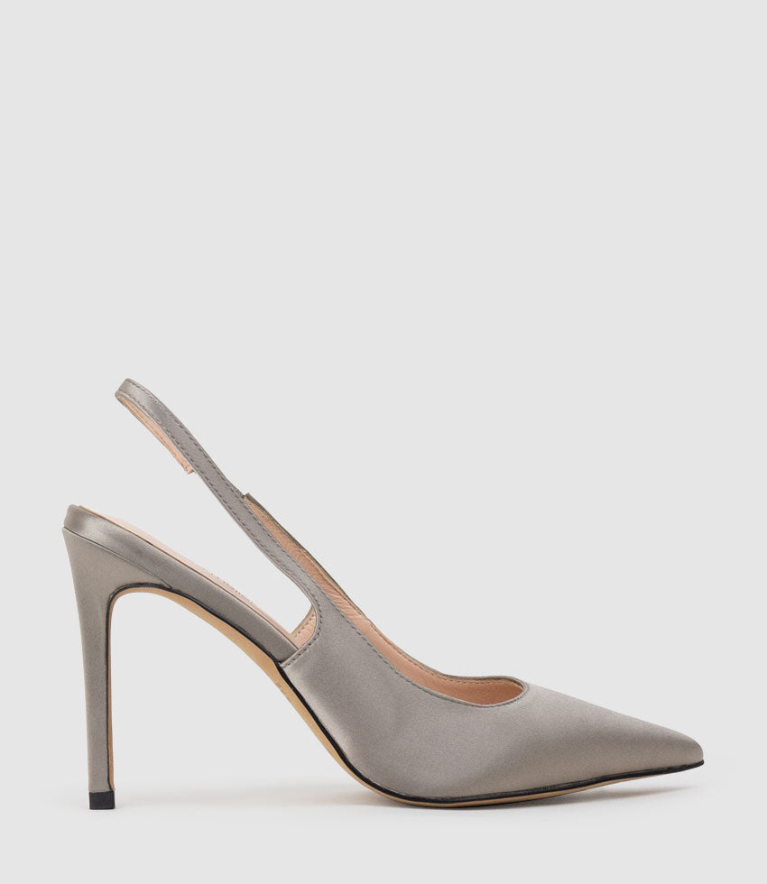 ANDREA100 Stiletto Slingback Pump in Pewter Silk - Edward Meller