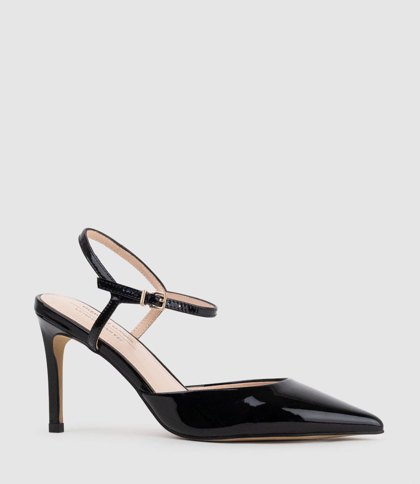 ATTICUS85 Open Waist Pump with Ankle Strap in Black Patent | Edward Meller