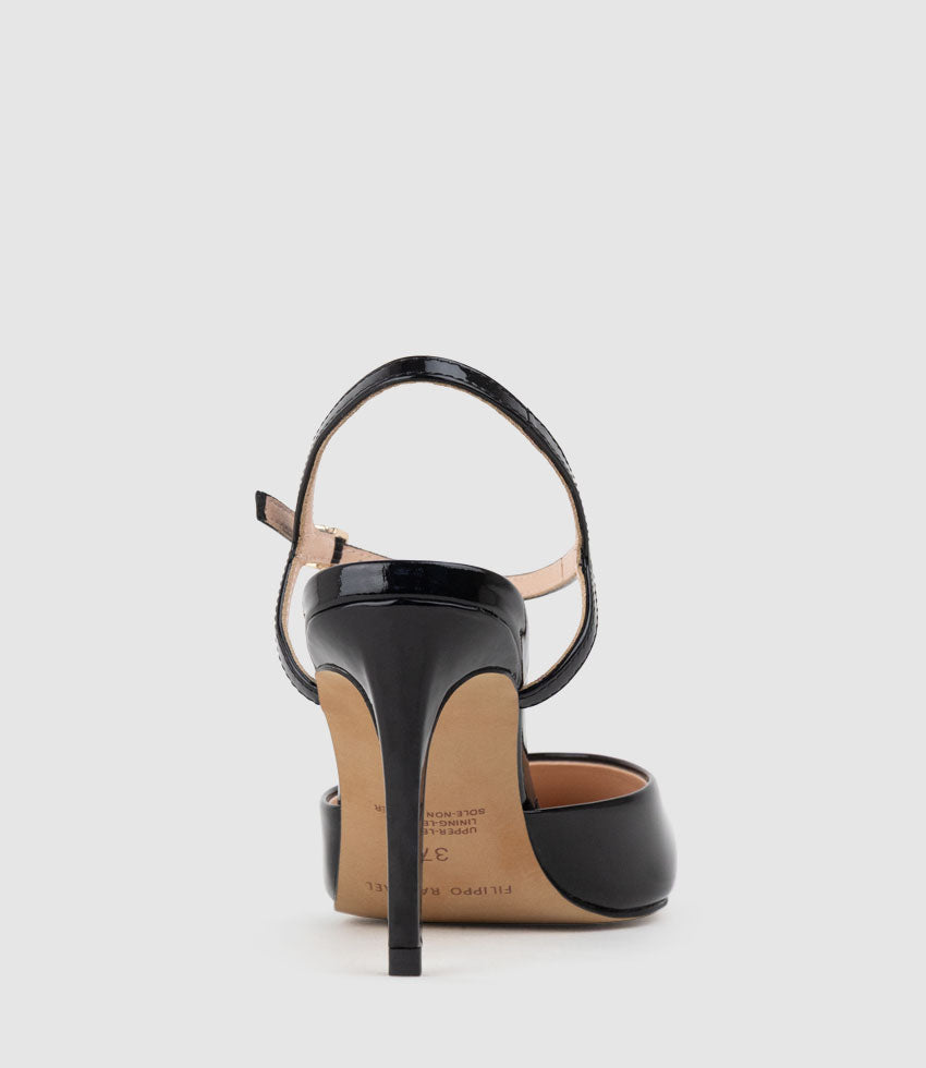 ATTICUS85 Open Waist Pump with Ankle Strap in Black Patent | Edward Meller