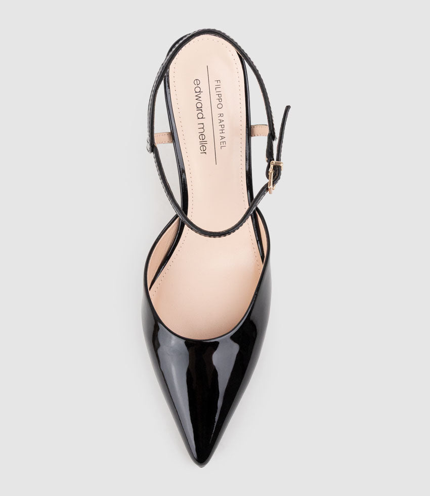 ATTICUS85 Open Waist Pump with Ankle Strap in Black Patent | Edward Meller