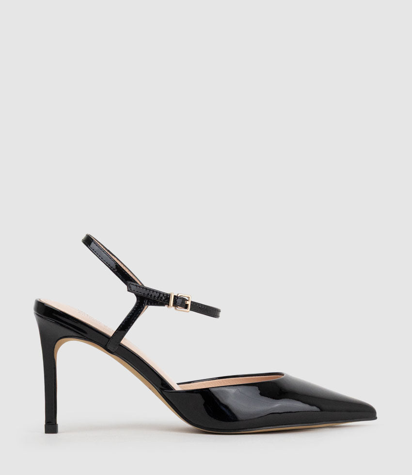 ATTICUS85 Open Waist Pump with Ankle Strap in Black Patent | Edward Meller