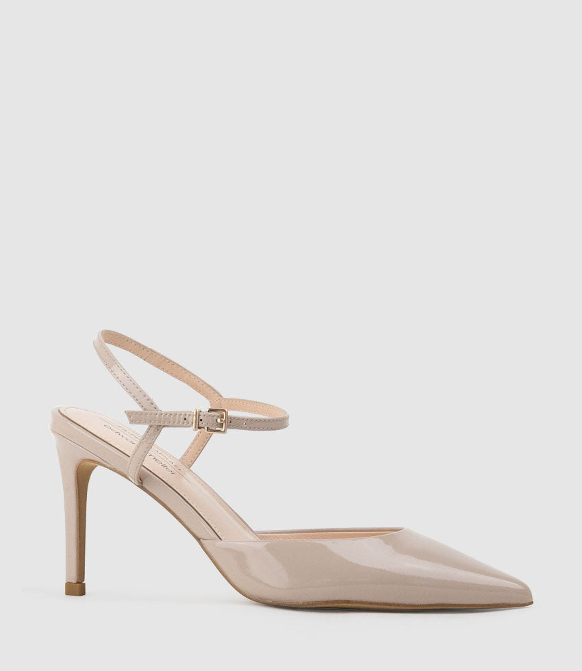 ATTICUS85 Open Waist Pump with Ankle Strap in Blush Patent | Edward Meller