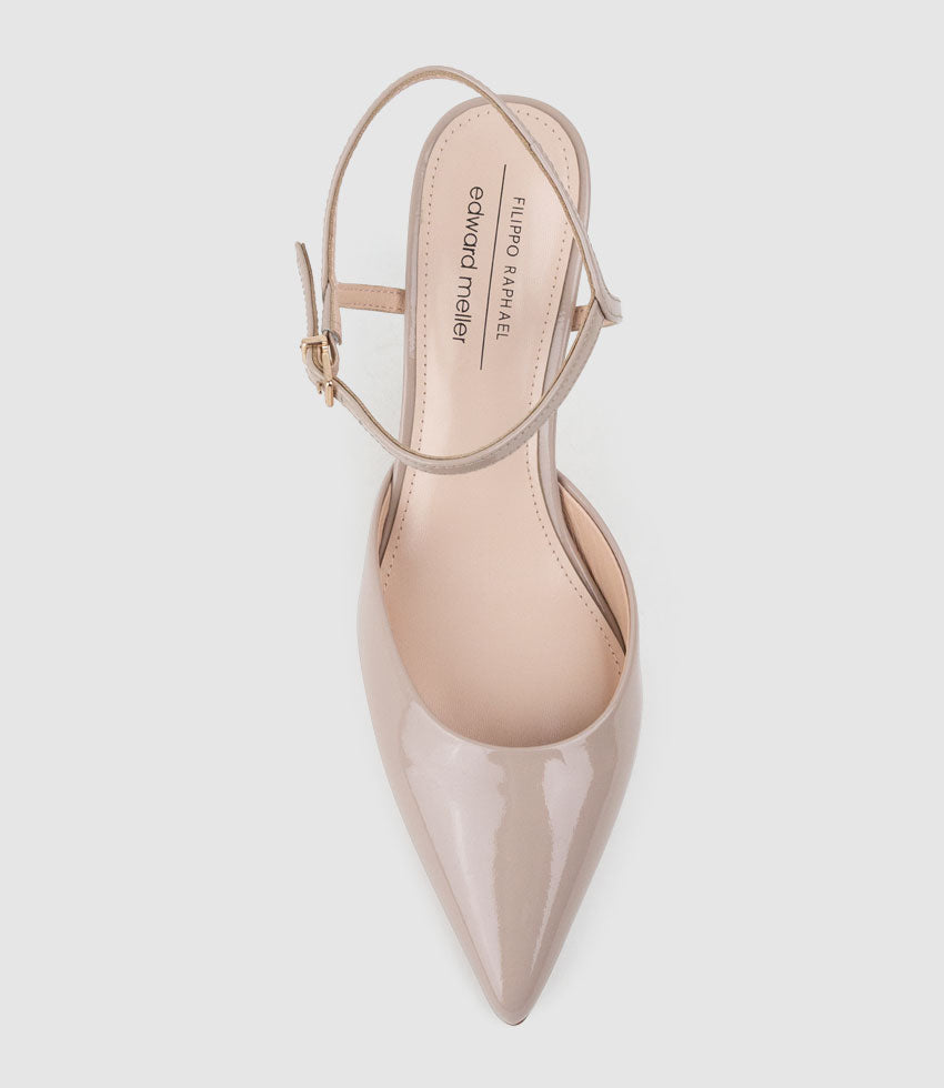 ATTICUS85 Open Waist Pump with Ankle Strap in Blush Patent | Edward Meller