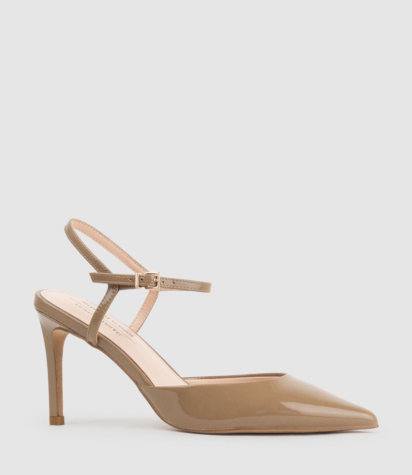 ATTICUS85 Open Waist Pump with Ankle Strap in Latte Patent | Edward Meller