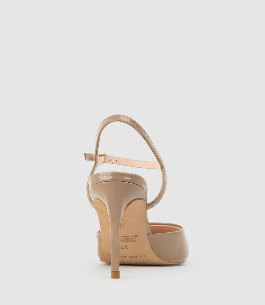 ATTICUS85 Open Waist Pump with Ankle Strap in Latte Patent | Edward Meller