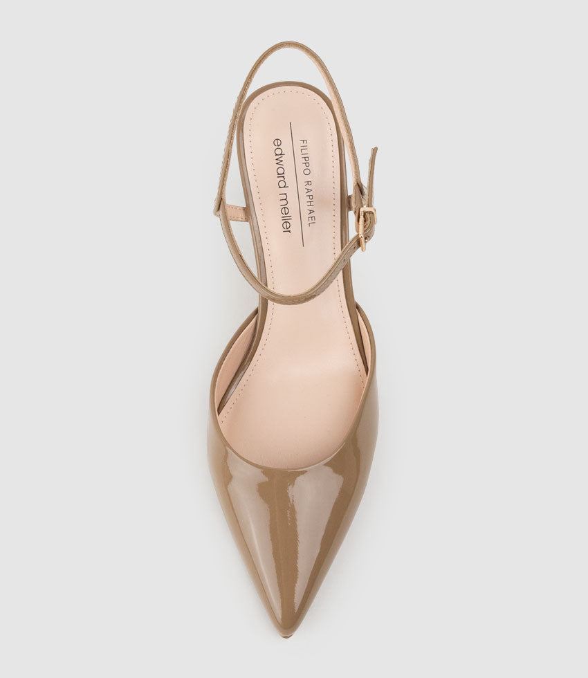 ATTICUS85 Open Waist Pump with Ankle Strap in Latte Patent | Edward Meller