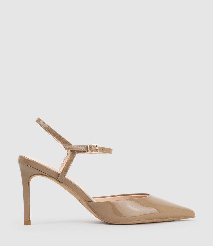 ATTICUS85 Open Waist Pump with Ankle Strap in Latte Patent | Edward Meller