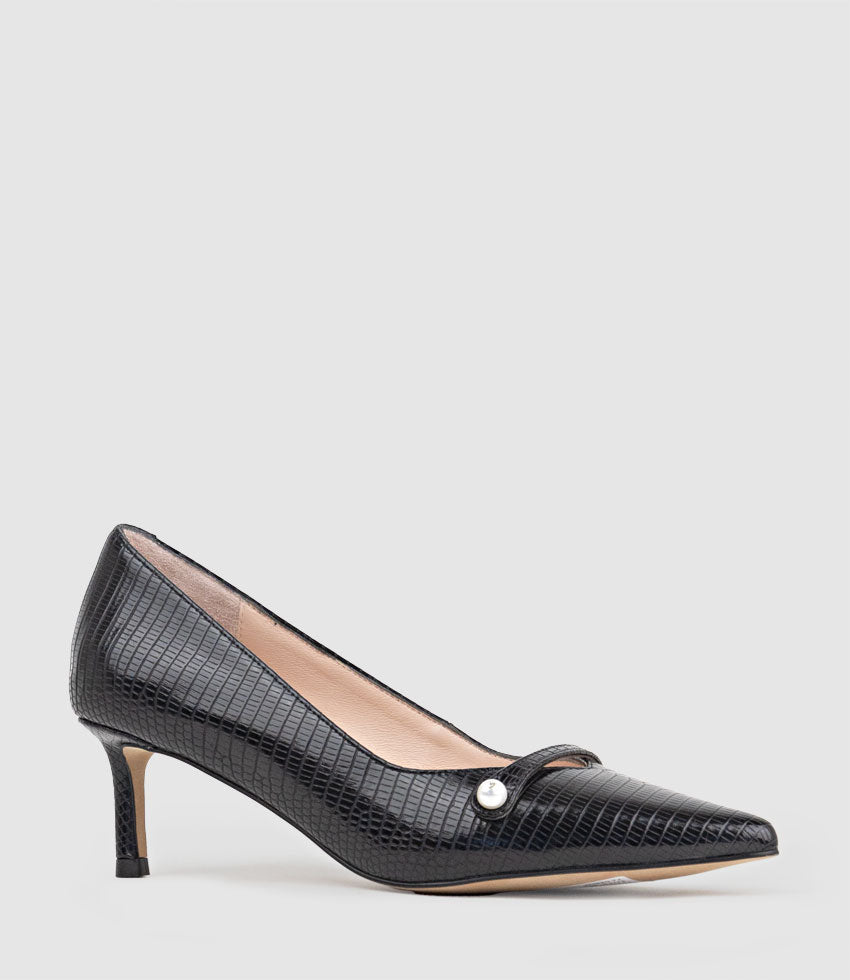 AVERE55 Choked Pump in Black Tejus Lizard Print - Edward Meller