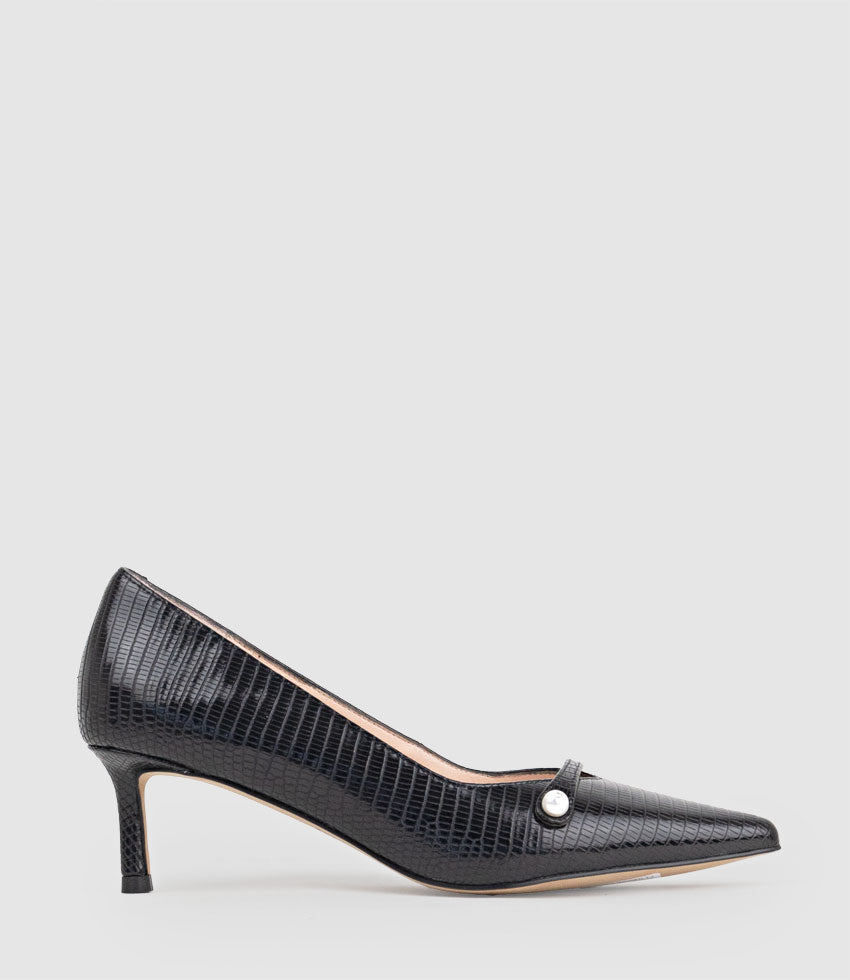 AVERE55 Choked Pump in Black Tejus Lizard Print - Edward Meller