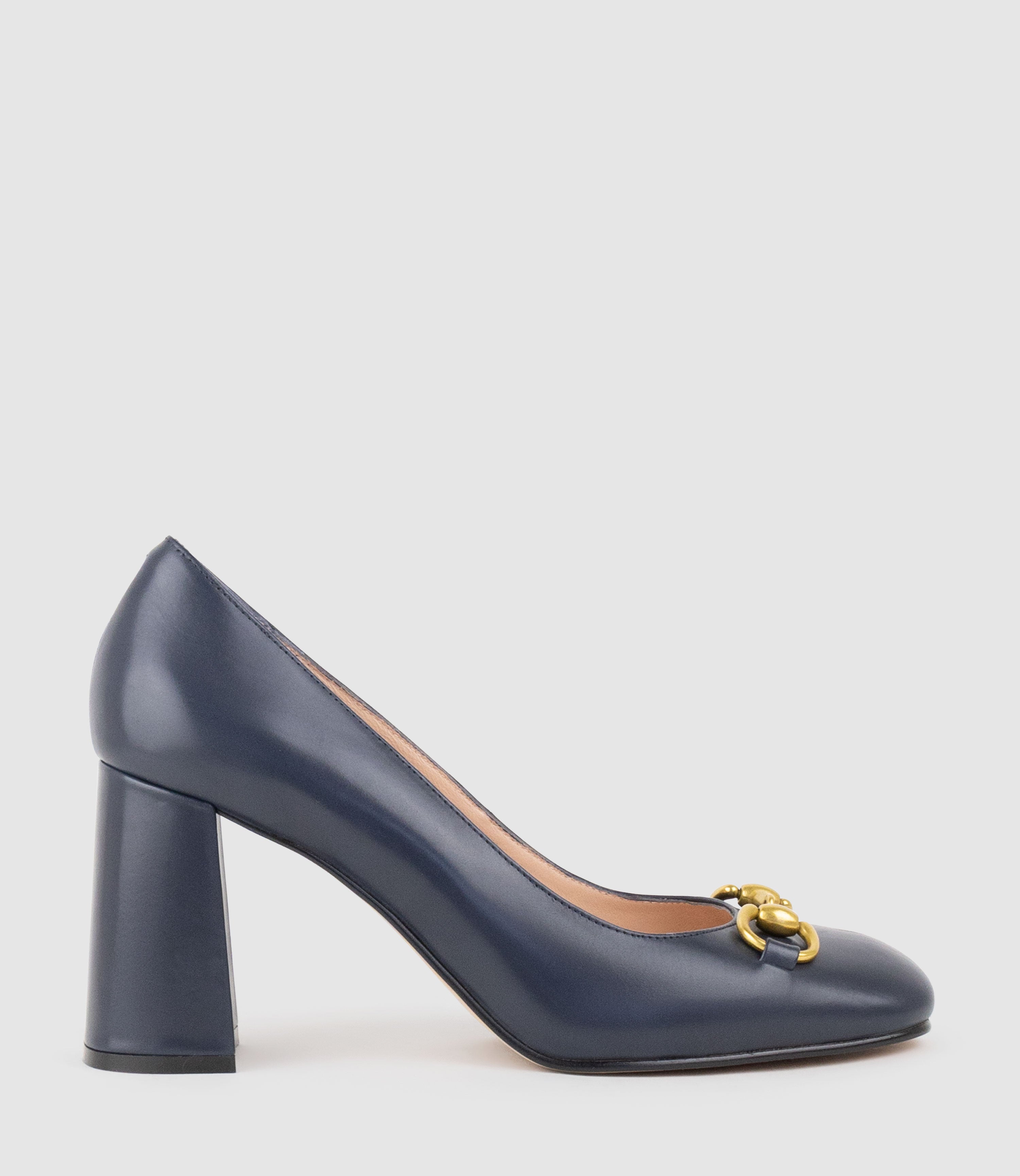 BAILEY85 Block Heel Pump with Trim in Navy Calf - Edward Meller