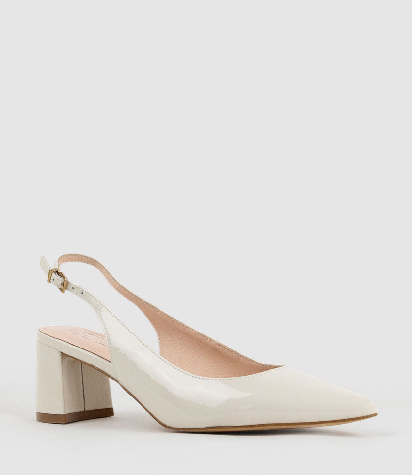 BARI55 Block Heel Slingback Pump in Offwhite Patent - Edward Meller