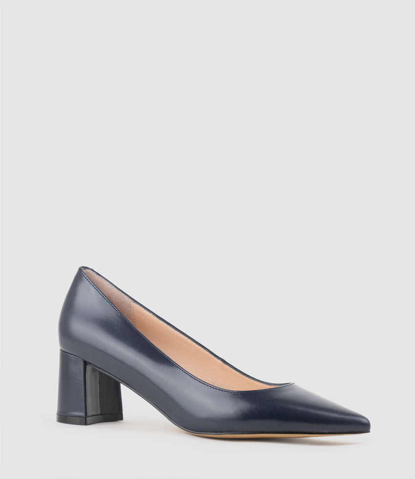 BETA55 Block Heel Pump in Navy Calf - Edward Meller