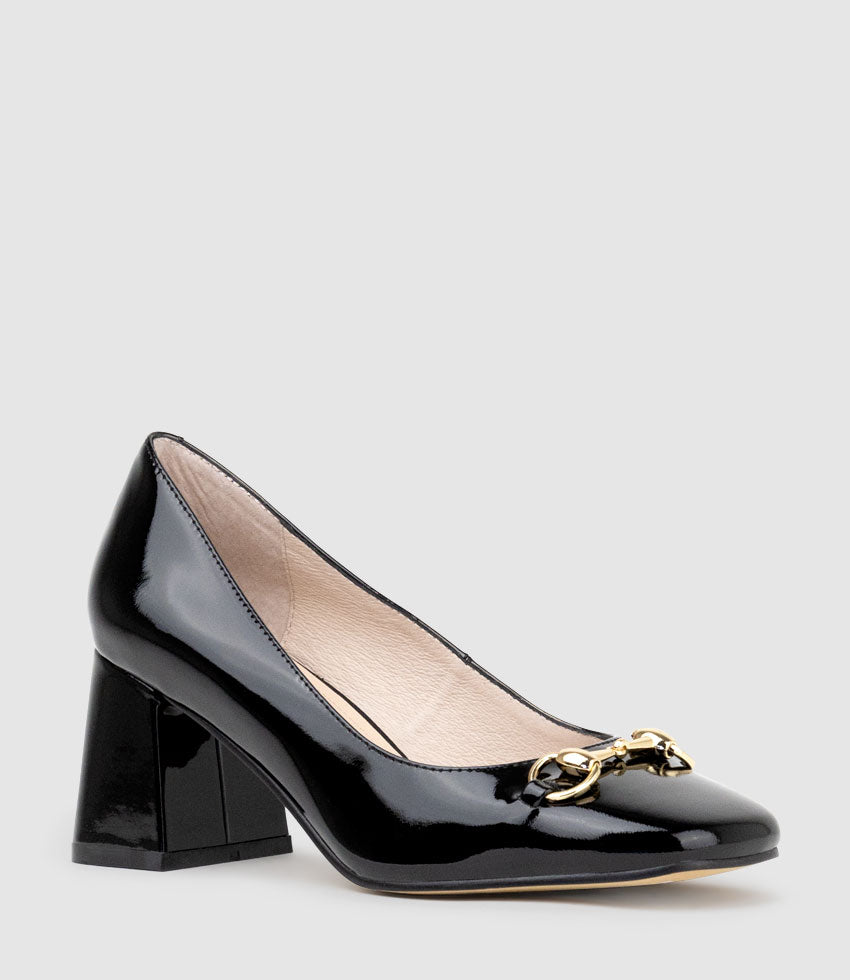 BLYTHE65 Square Toe Pump with Hardware in Black Patent - Edward Meller