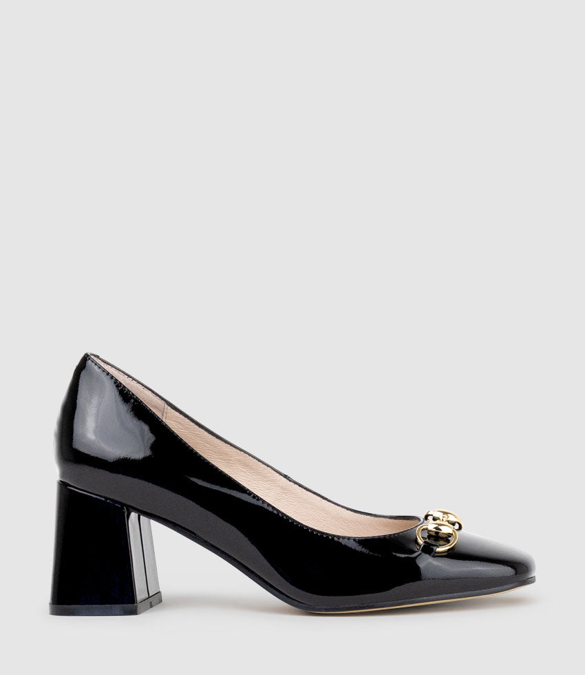BLYTHE65 Square Toe Pump with Hardware in Black Patent - Edward Meller