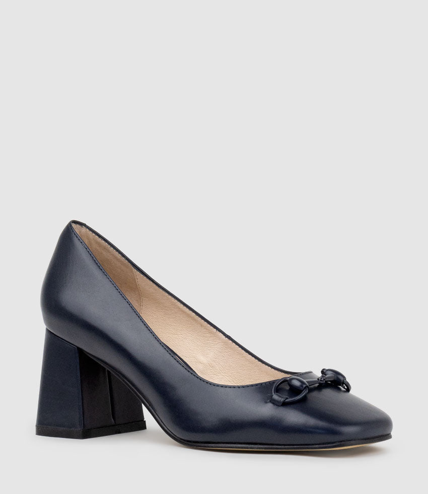 BLYTHE65 Square Toe Pump with Hardware in Navy Baby Calf - Edward Meller