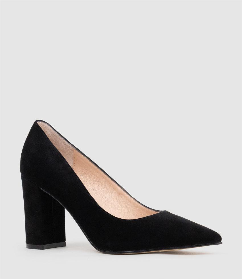 BRYNLEY85 Block Heel Pointed Pump in Black Suede - Edward Meller